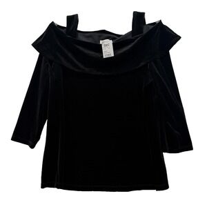NWT Size Medium Susan Graver Black Velvet Off Shoulder Stretch 3/4 Sleeve Top